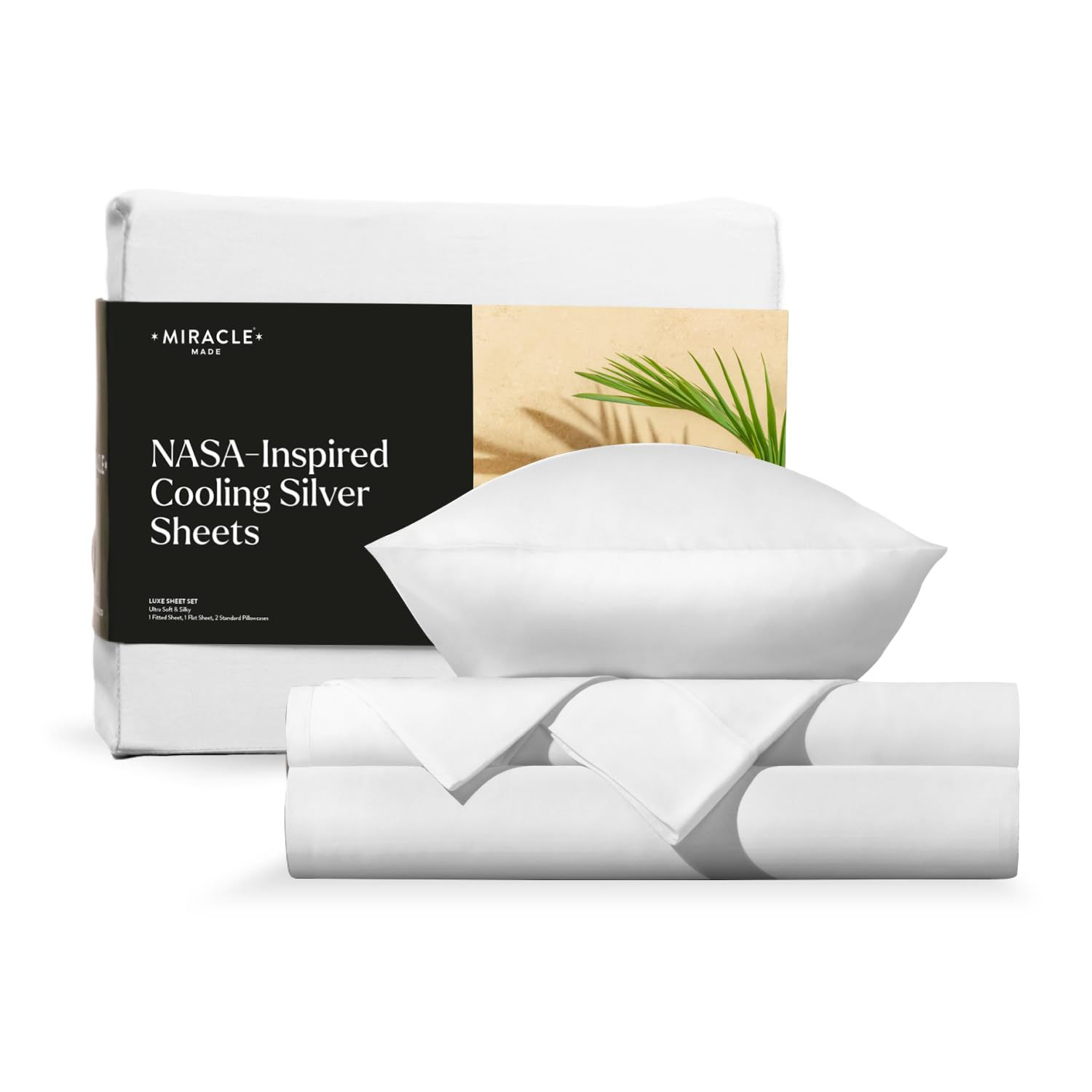 Miracle Sheets luxury white bedding set with NASA-inspired cooling silver technology, featuring pristine white sheets, pillows, and black product packaging on a clean white background